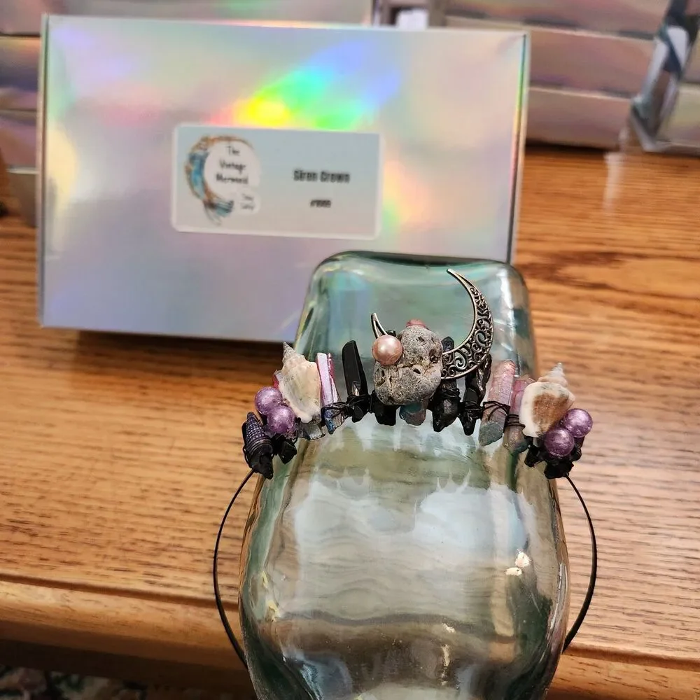 Siren Crown Pink/Blue & Black Crystal Quartz with Stone, Shell, Pearls, Moon!